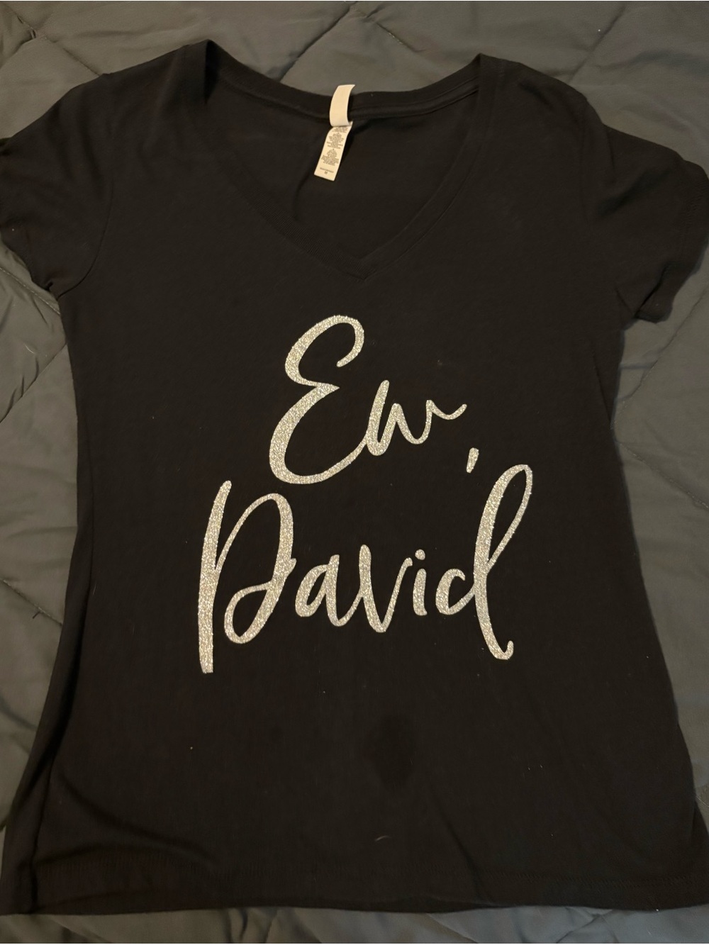Black V-Neck Tee with Silver 'Ew, David' Script